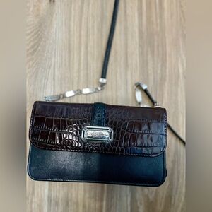 Brighton Dover Organizer Black Brown Crocodile Leather Print Crossbody Purse EUC